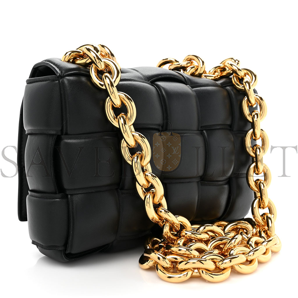 BOTTEGA VENETA LAMBSKIN MAXI INTRECCIATO PADDED CHAIN CASSETTE CROSSBODY BAG BLACK  (25*15*8cm)