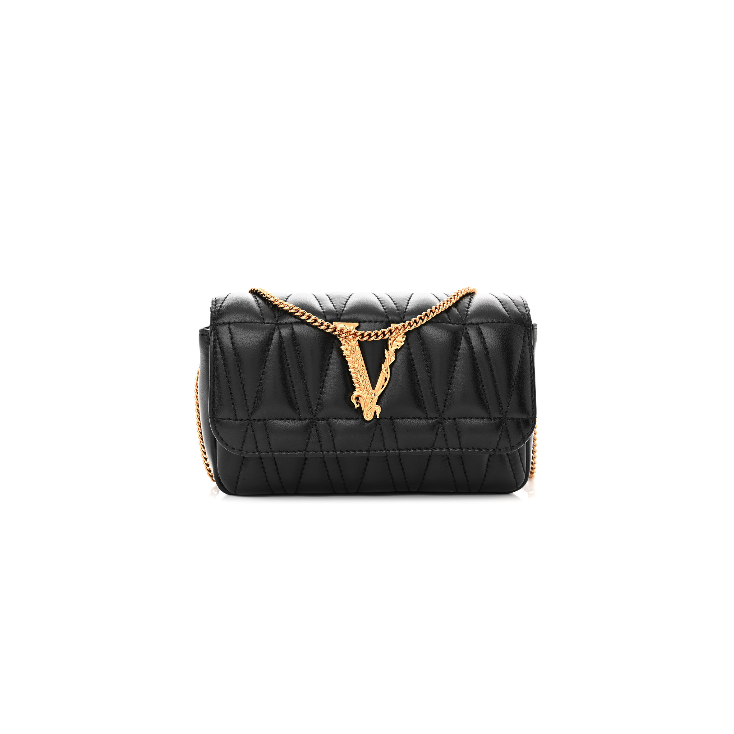 VERSACE NAPPA QUILTED VIRTUS V EVENING BAG BLACK (17*10*4cm)