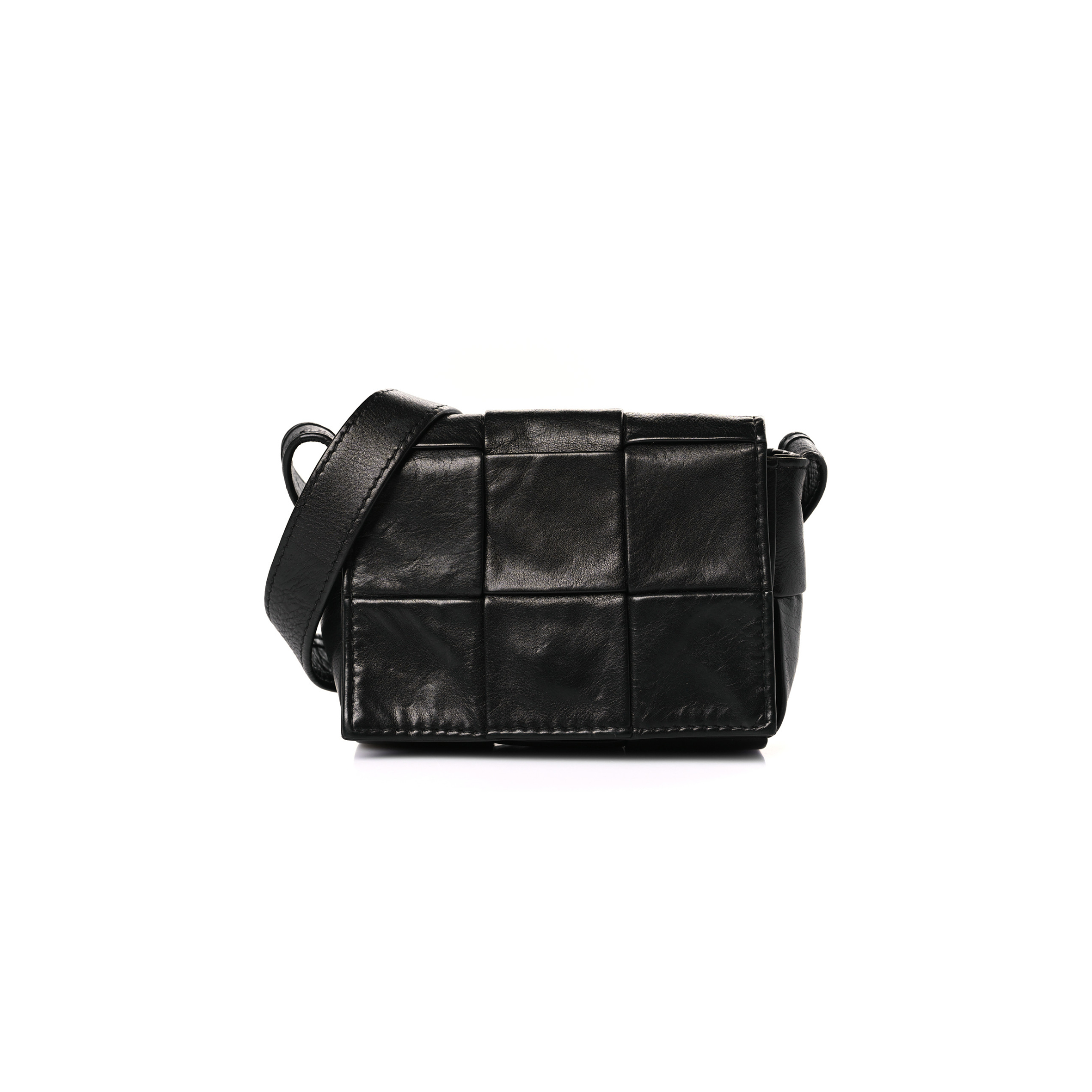 BOTTEGA VENETA PAPER CALFSKIN MAXI INTRECCIO EXTRA MINI CASSETTE CROSSBODY BAG BLACK (13*9*5cm)