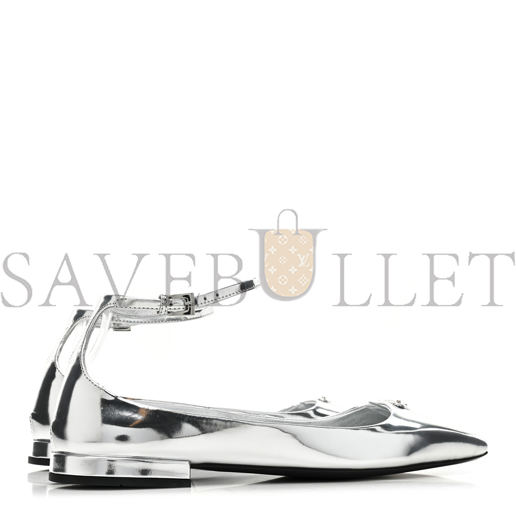 PRADA METALLIC CALFSKIN METAL TRIANGLE LOGO ANKLE STRAP BALLERINAS 36.5 SILVER