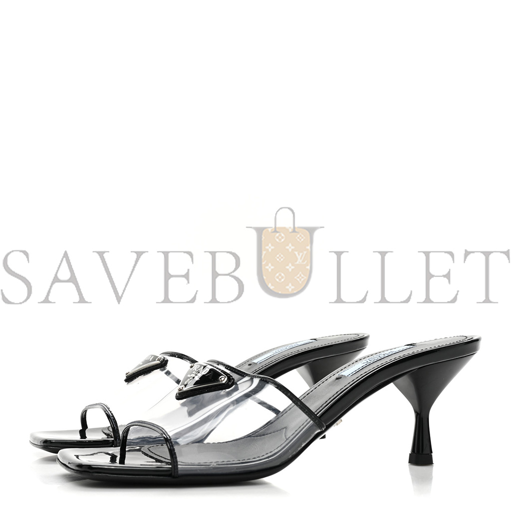 PRADA PLEXIGLASS VERNICE METAL TRIANGLE LOGO 65MM SLIDE SANDALS 36.5 BLACK