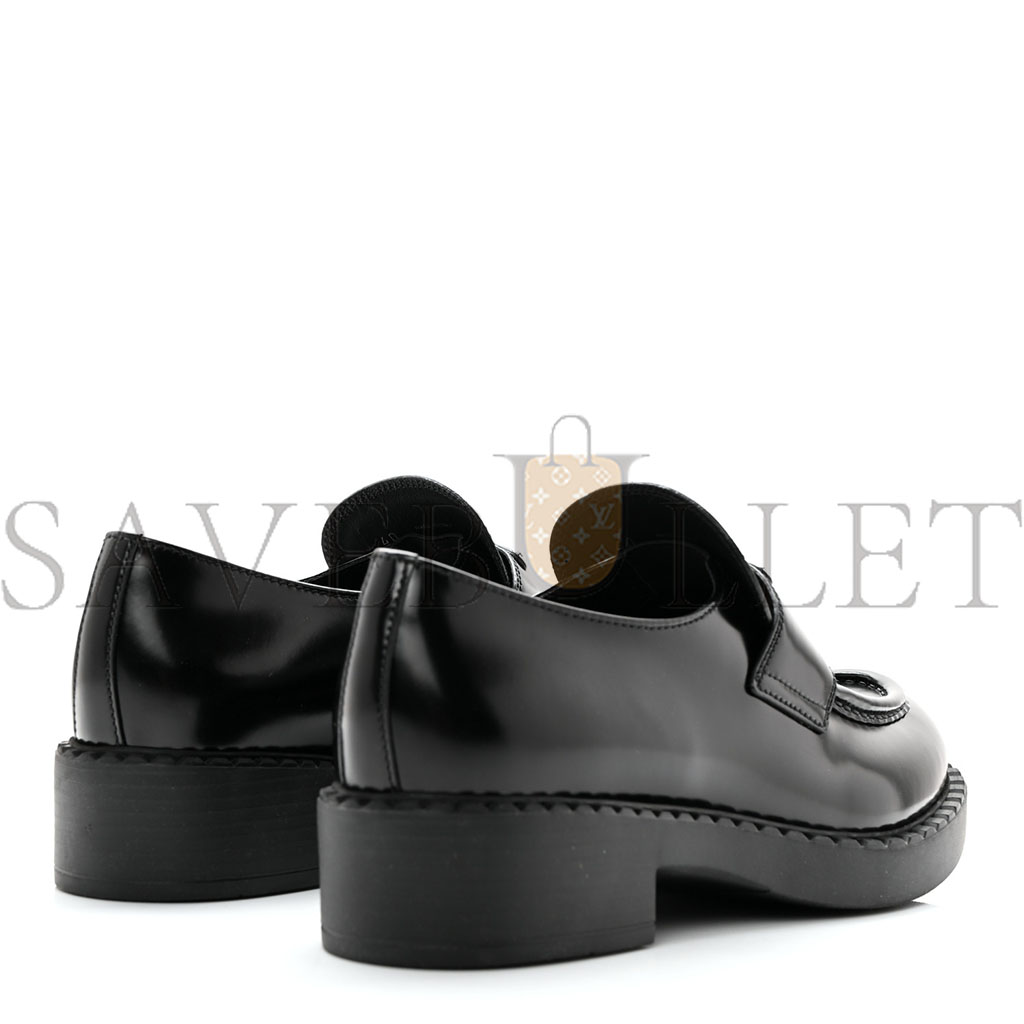 PRADA SPAZZOLATO METAL TRIANGLE LOGO 50MM LOAFERS 40 BLACK