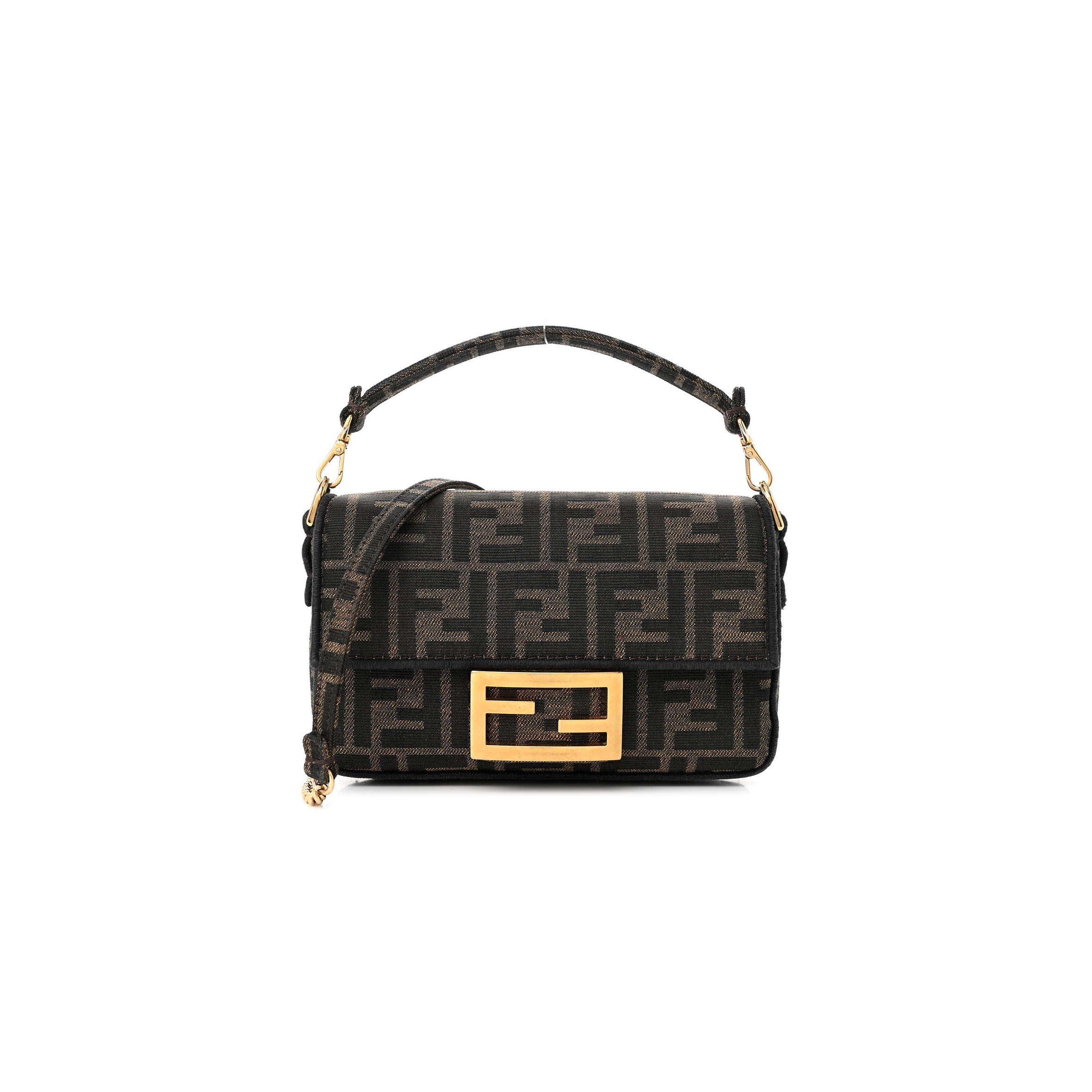 FENDI FABRIC JACQUARD FF 1974 MINI BAGUETTE TOBACCO MORO BLACK (18*11*5cm)