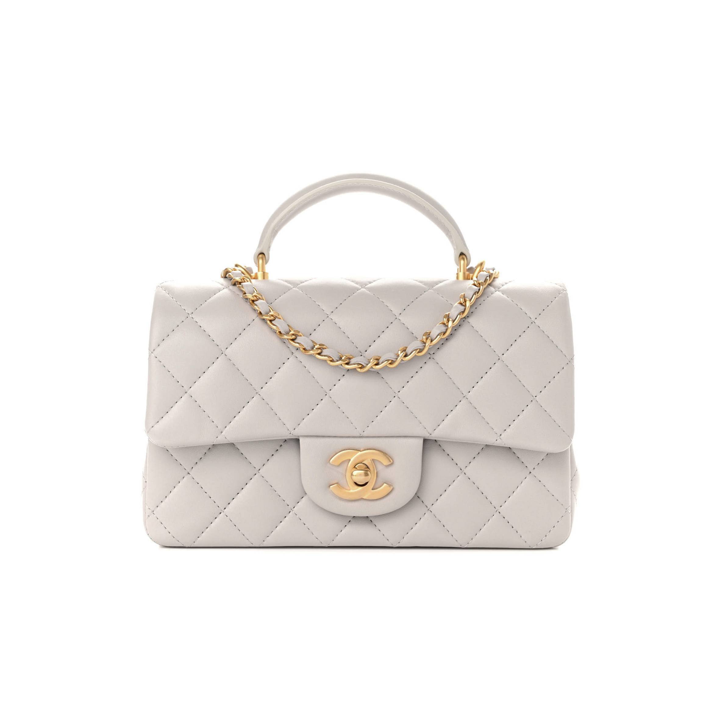 CHANEL LAMBSKIN QUILTED MINI TOP HANDLE RECTANGULAR FLAP GREY GOLD HARDWARE (20*13*6cm)