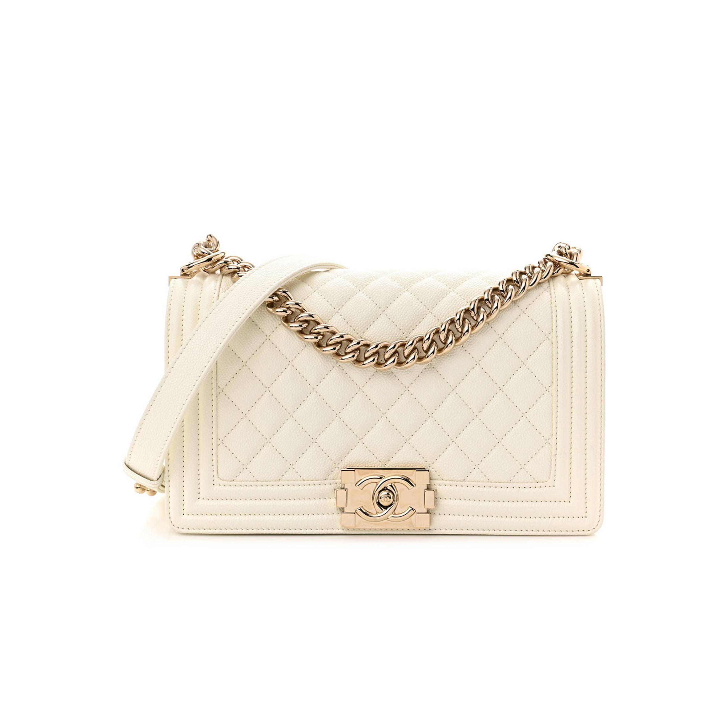 CHANEL CAVIAR QUILTED MEDIUM BOY FLAP WHITE ROSE GOLD HARDWARE (25*15*10cm)