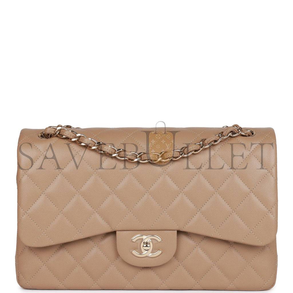 CHANEL JUMBO CLASSIC DOUBLE FLAP BAG DARK BEIGE CAVIAR GOLD HARDWARE (30*20*9cm)