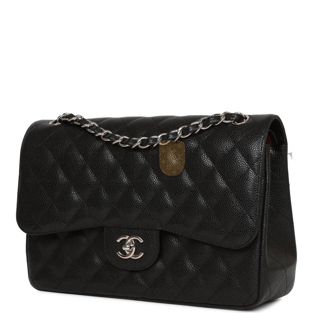 CHANEL JUMBO CLASSIC DOUBLE FLAP BAG BLACK CAVIAR SILVER HARDWARE (30*20*9cm)