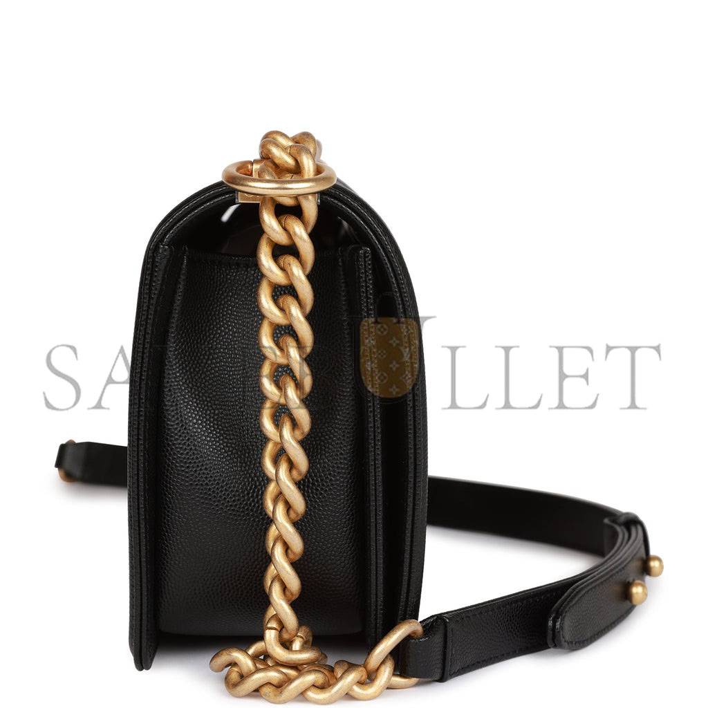 CHANEL MEDIUM BOY BAG BLACK CAVIAR ANTIQUE GOLD HARDWARE (25*15*9cm)