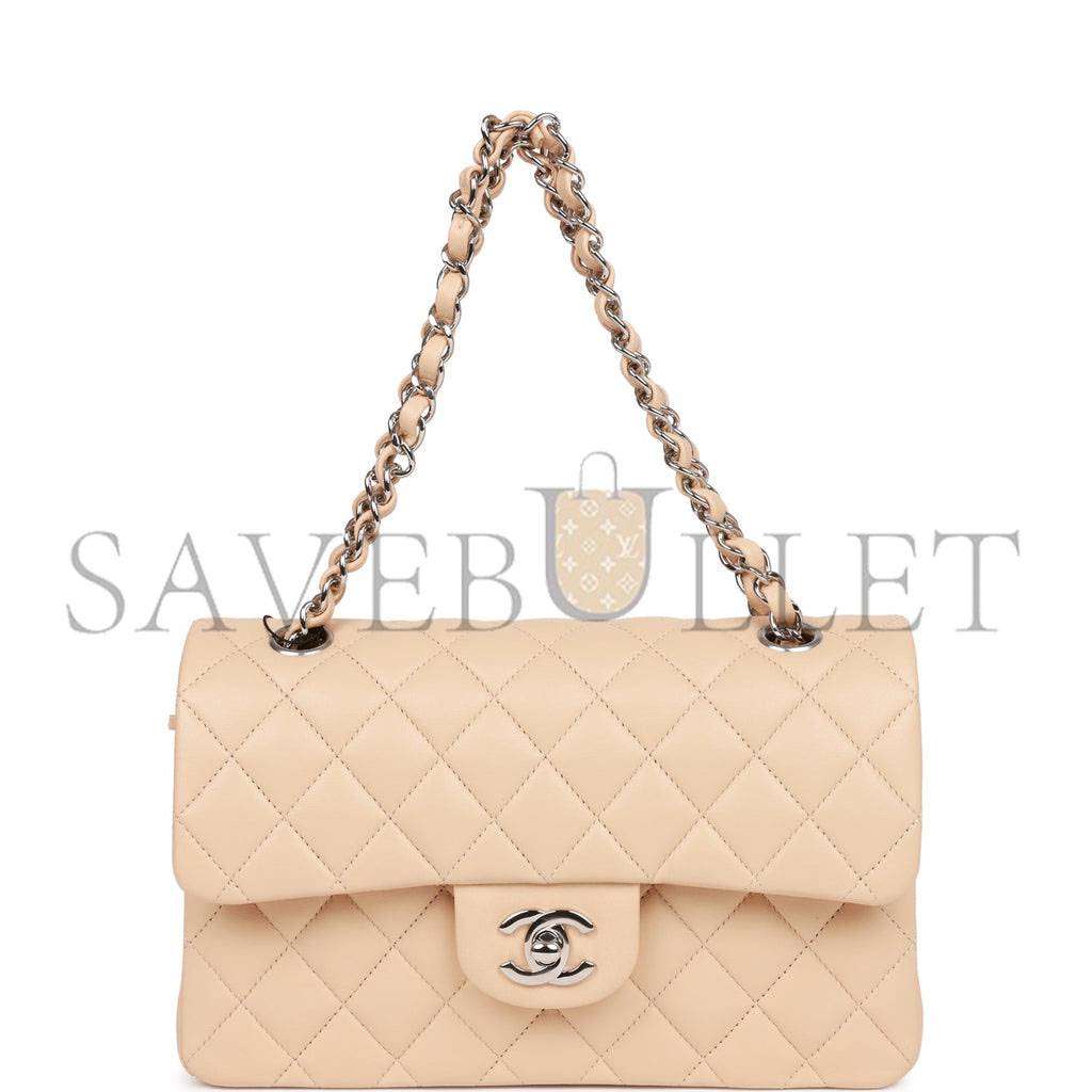 CHANEL SMALL CLASSIC DOUBLE FLAP BEIGE LAMBSKIN SILVER HARDWARE (23*13*6cm)