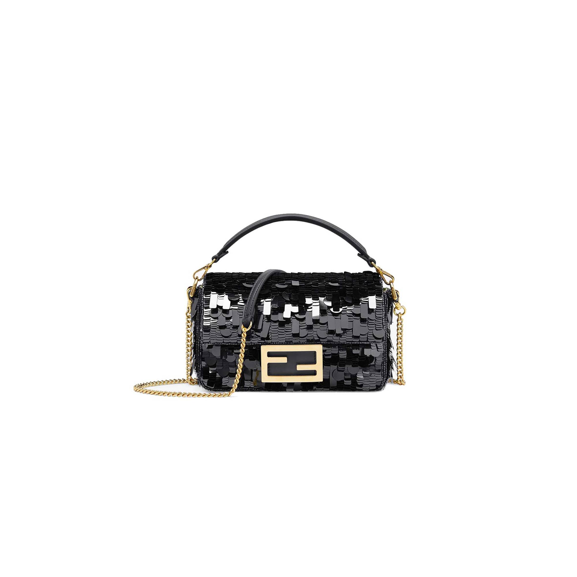 FENDI BAGUETTE MINI - BLACK SEQUIN AND LEATHER BAG 8BS017AMP0F0KUR (20*13*5cm)