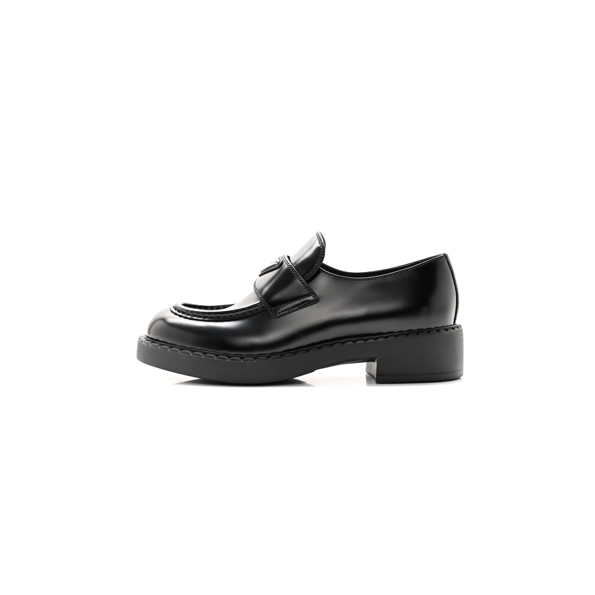 PRADA SPAZZOLATO METAL TRIANGLE LOGO 50MM LOAFERS 40.5 BLACK