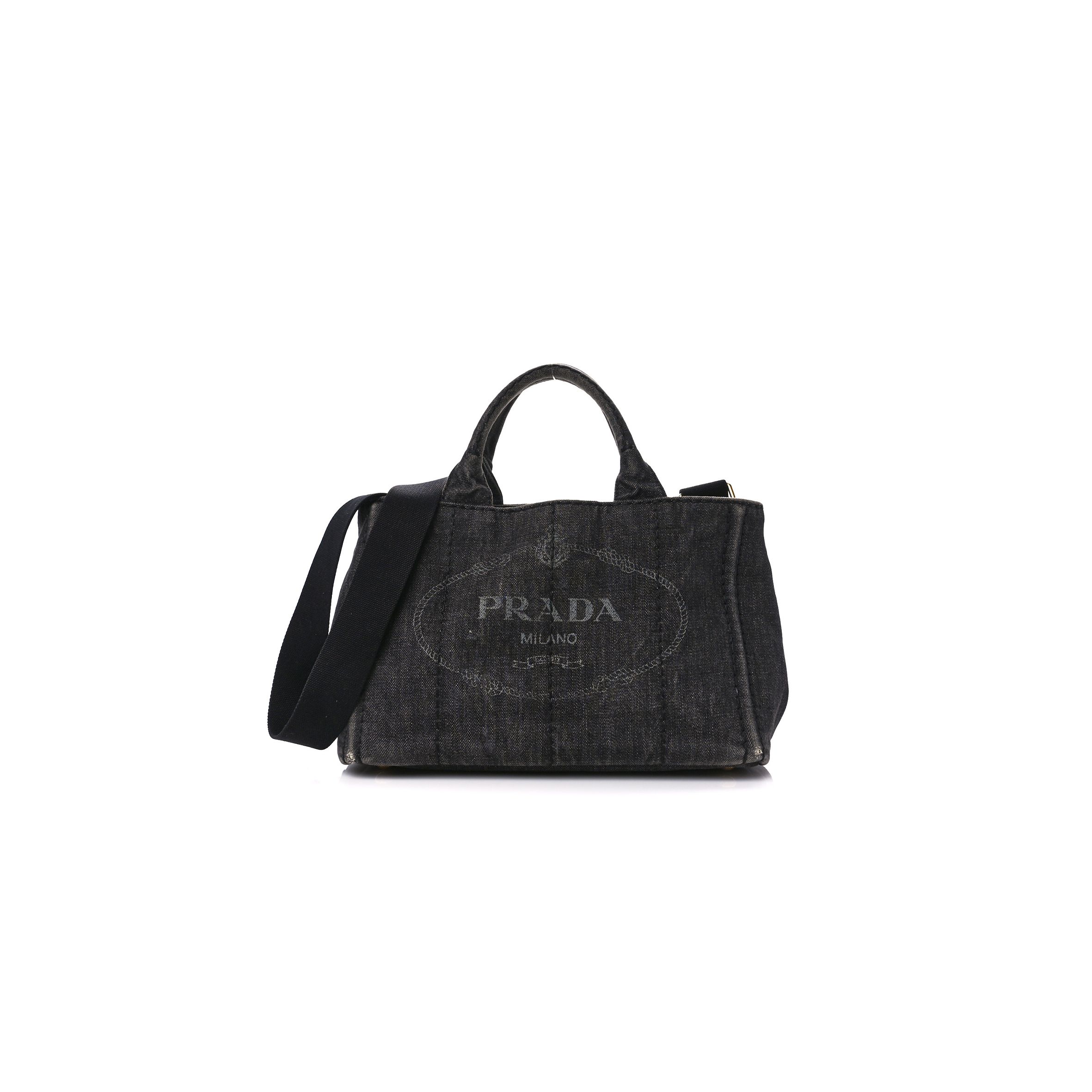 PRADA DENIM SMALL CANAPA LOGO TOTE BLACK (27*20*14cm)