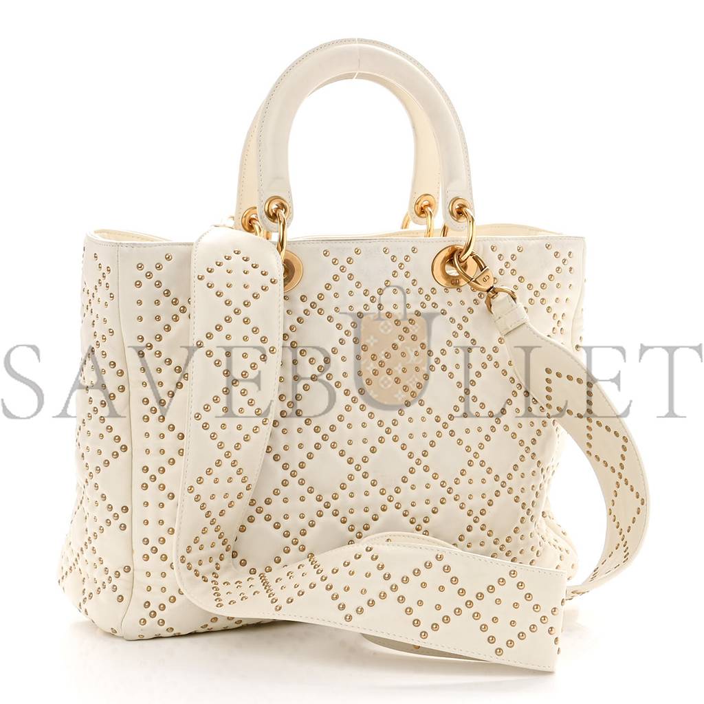 DIOR LAMBSKIN CANNAGE STUDDED LARGE SUPPLE LADY DIOR WHITE (30*25*11.4cm)