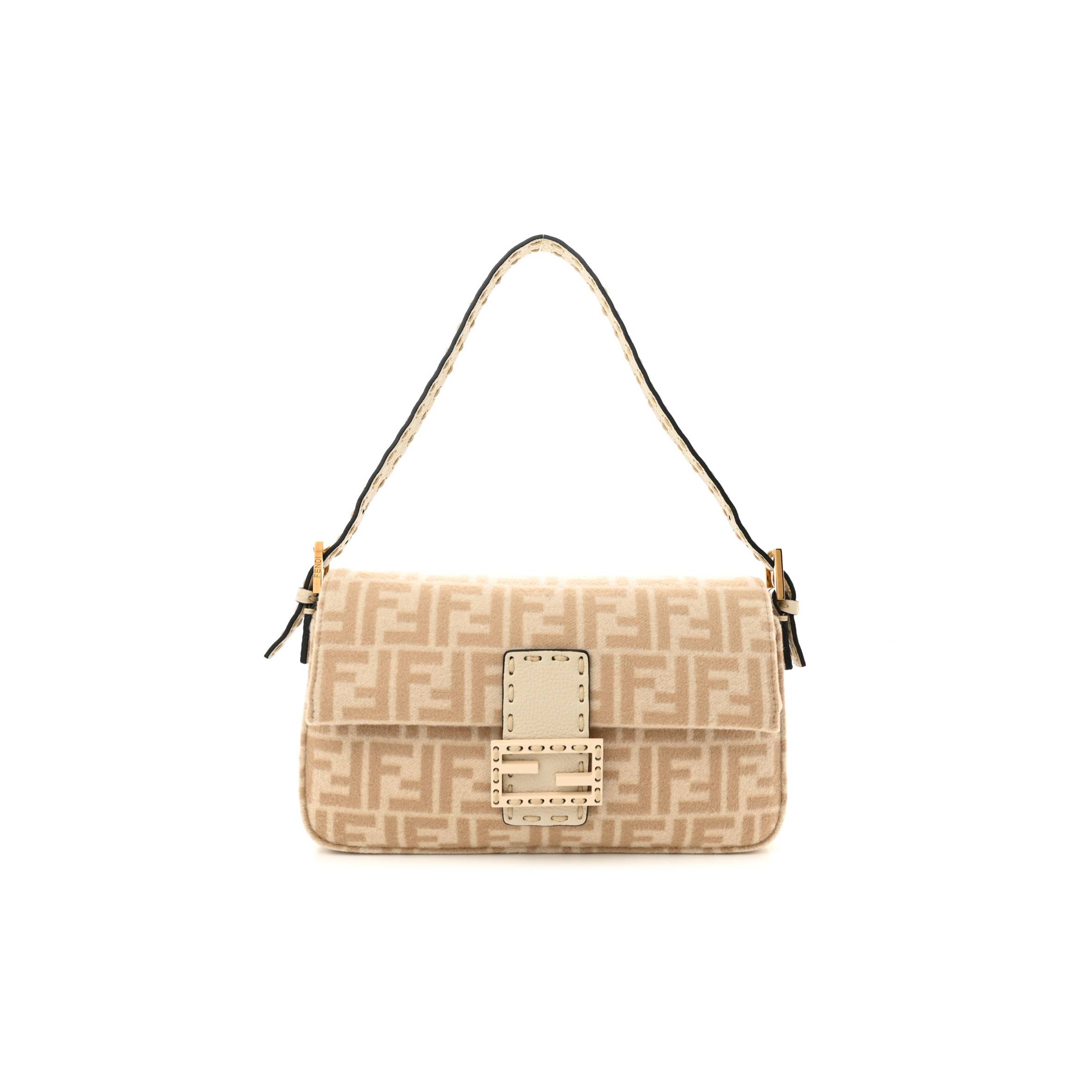 FENDI WOOL CUOIO ROMANO SELLERIA FF 1974 BAGUETTE 1997 BEIGE CAMMELLO CAMELIA (27*14*4cm)