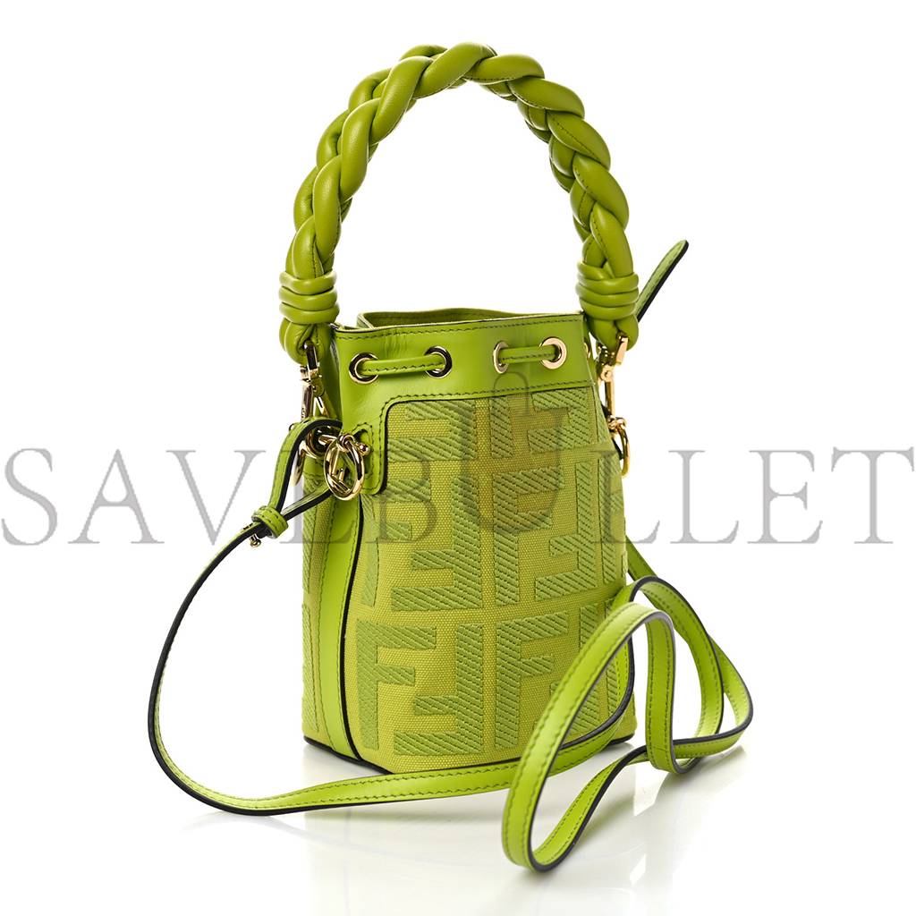 FENDI CANVAS VITELLO GRACE F IS FENDI FF EMBROIDERED MINI MON TRESOR BUCKET BAG WASABI (18*12*10cm)